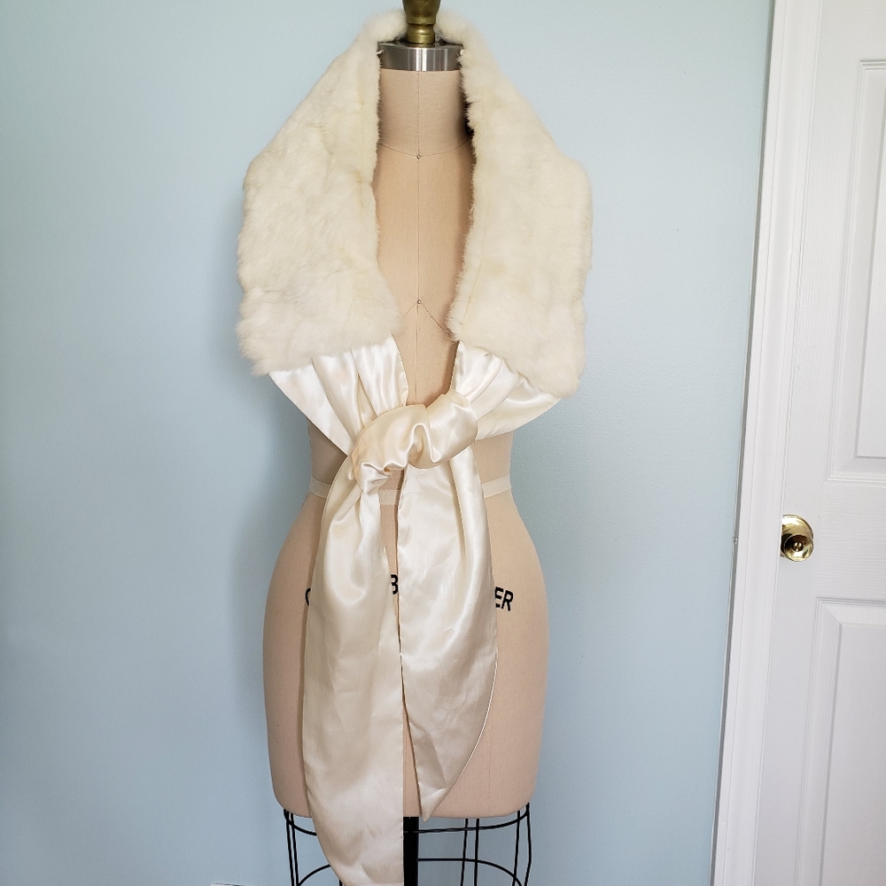Rabbit Fur Shawl Cape Drape, Ivory Satin